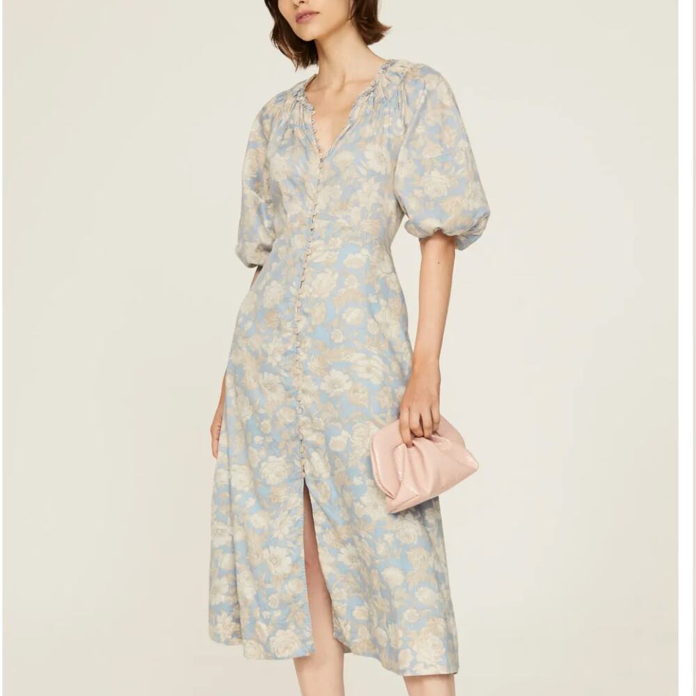 NICHOLAS Blue and Cream Floral Midi Dress